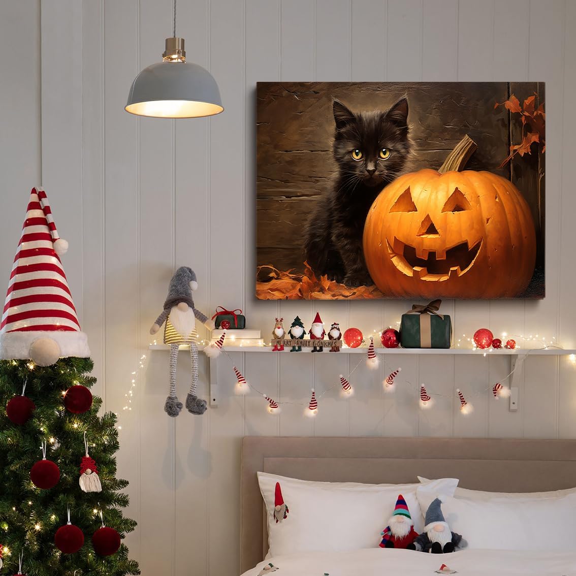 XYHKZNB Cute Black Cat Wall Art with Autumn Pumpkins, Dark Academia Gothic Decor, Farmhouse Black Cat Print, Unique Bathroom Wall Art 12x16inch unframed