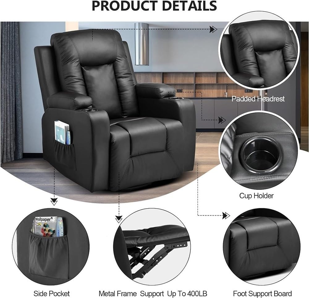 Leather Power Recliner Chair with Heat and Massage, 360° Swivel Rocker Recliner with Cup Holders, Comfortable Reclining Chair for Home Theater Seating and Living Room