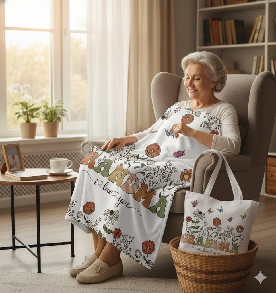 Aperturee Grandma Birthday Gifts Blanket and Tote Bag Set, 50x60 Inches Floral Happy Birthday Granny Throw, Soft Cozy Butterflies I Love You Blanket for Women, for Grandma