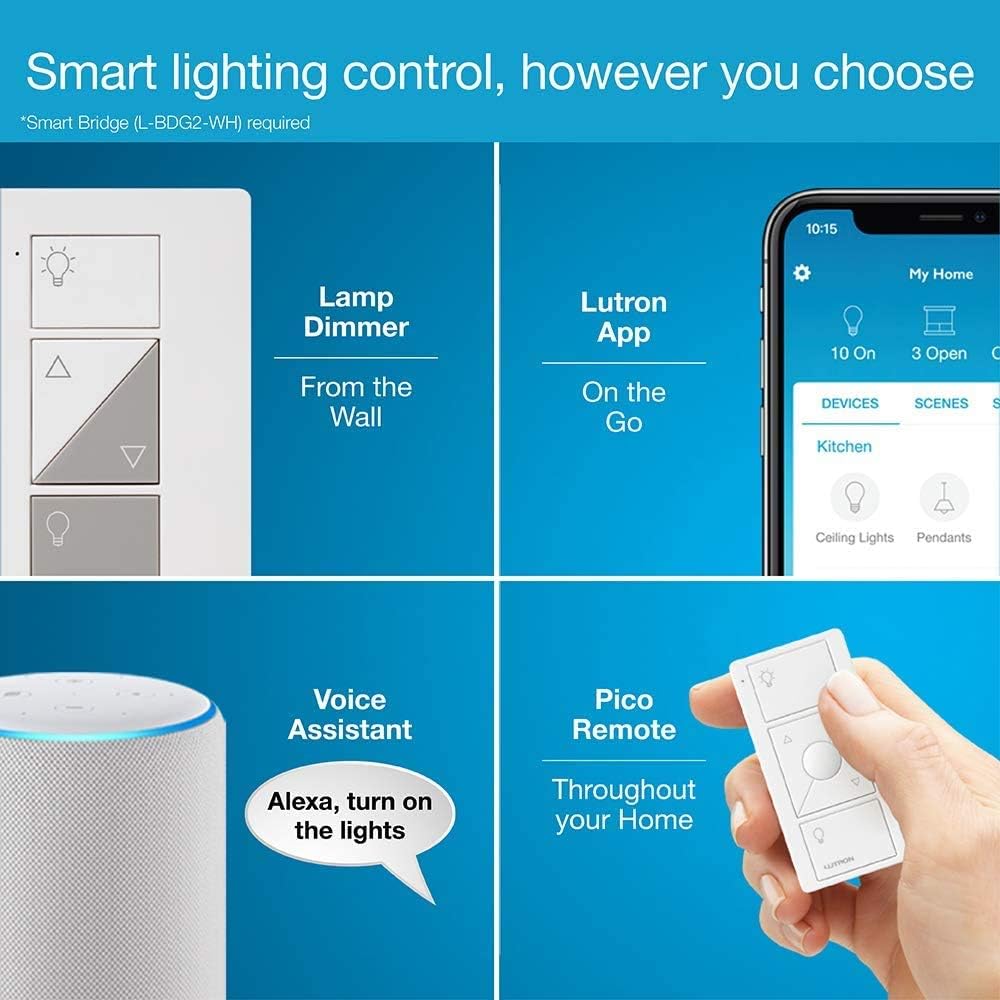 Lutron Caseta Plug-In Smart Lamp Dimmer Switch Kit with Pico Remote (Lutron Hub Required), Smart Light Switch Dimmer for Floor & Table Lamps, LED Lights, P-PKG1P-WH, White