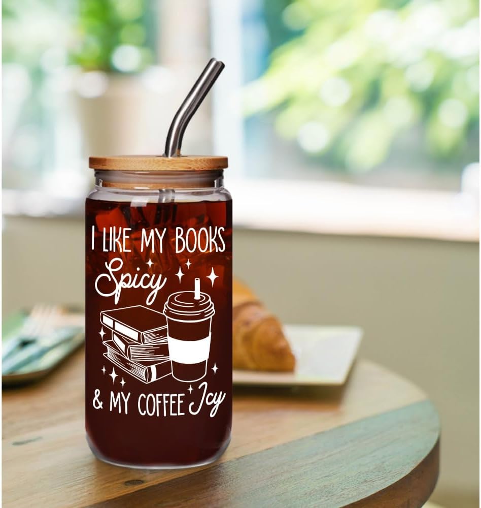 Cute Spicy Readers Book Lovers 16oz Coffee Glass Cups with Lids and Straws Gifts for Books Lovers Women Acotar Readers Bookworm, I Like My Books Spicy & My Coffee Icy Bookish Book Mugs Acotar Gift