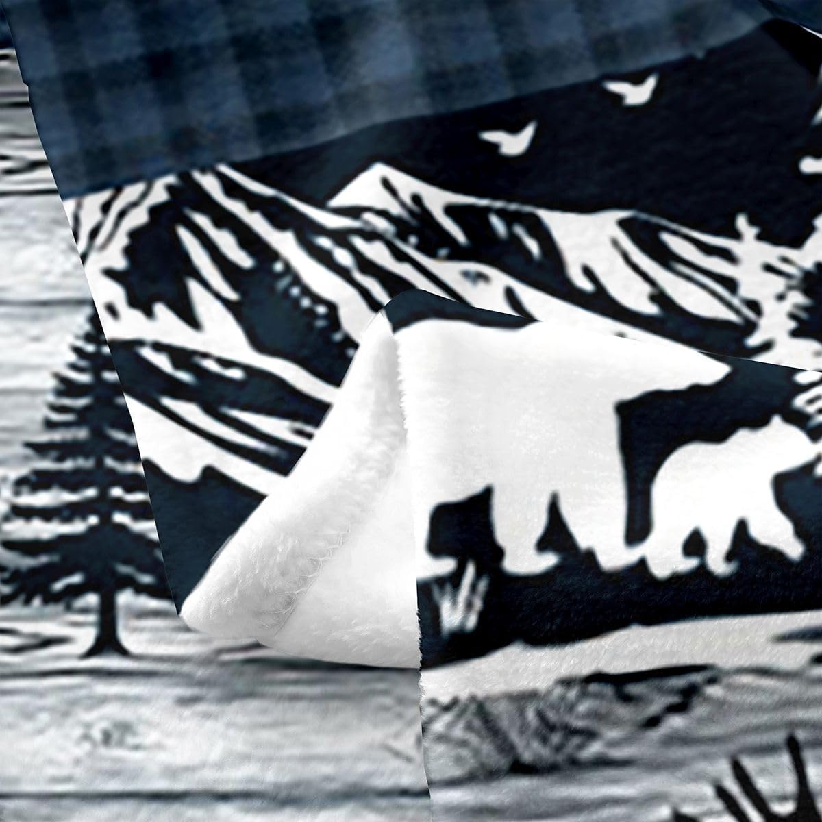 Feelyou Deer Bear Blue Plaid Fleece Throw Blanket Wild Western Animal Hunting Flannel Blanket Plush Fuzzy Rustic Cabin Farmhouse Patchwork Country Lodge for Bed Chair Twin 60"x80" Bedroom Decor