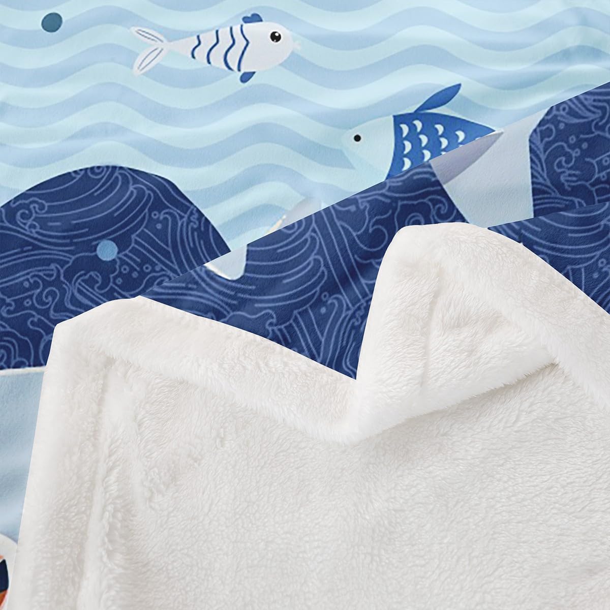 Shark and Whale Fleece Throw Blanket Super Soft Cozy Cartoon Sea Animal Sherpa Blanket for Kids Women Adults Octopus Turtle Plush Blanket Underwater World Fuzzy Blanket for Sofa Bed(30x40 Inches)