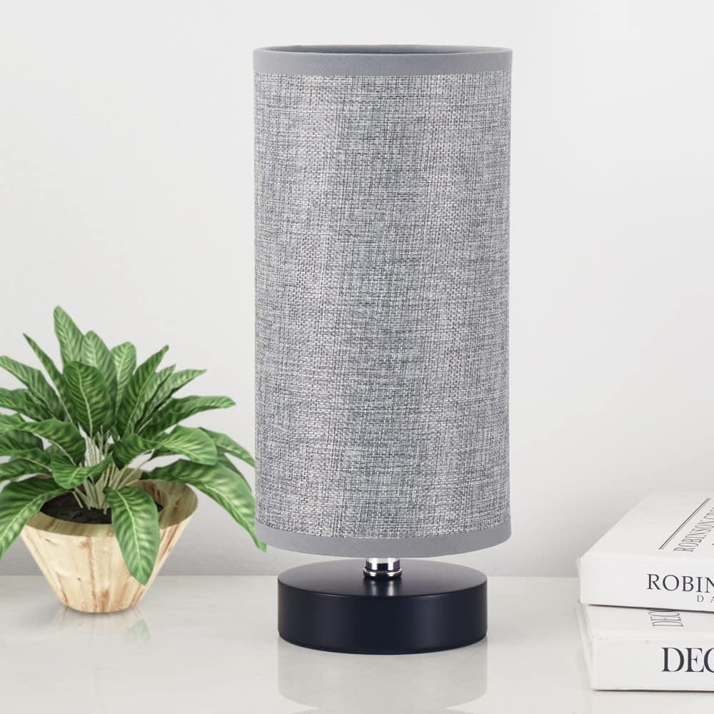 Table Lamp, Bedside Nightstand Lamp, Simple Desk Lamp, Cylinder Table Lamp for Bedroom Living Room Office Study, Grey Shade and Silver Base (Grey)