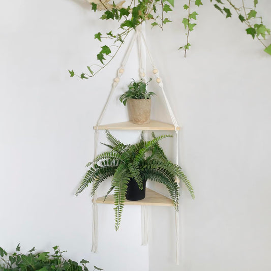 Artilady Corner Shelf White Wall Hanging - 2 Tier Wood Floating Shelves, Rustic Boho Wall Shelf Decor Hand Woven Cotton Rope Storage Rack for Plants Pots Photo Frames (White)