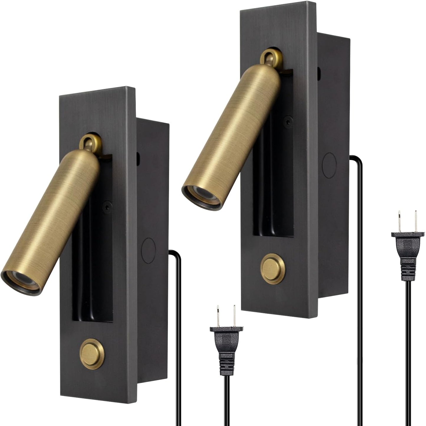 Set of 2 Led Headboard Wall Light, 350°Rotation Portable Plug in Wall Sconce Hardwired, Bedside Reading Light Recessed Push Switch, Hotel Bed Side Decor Wall Sconces Spotlight (Brushed Brass)