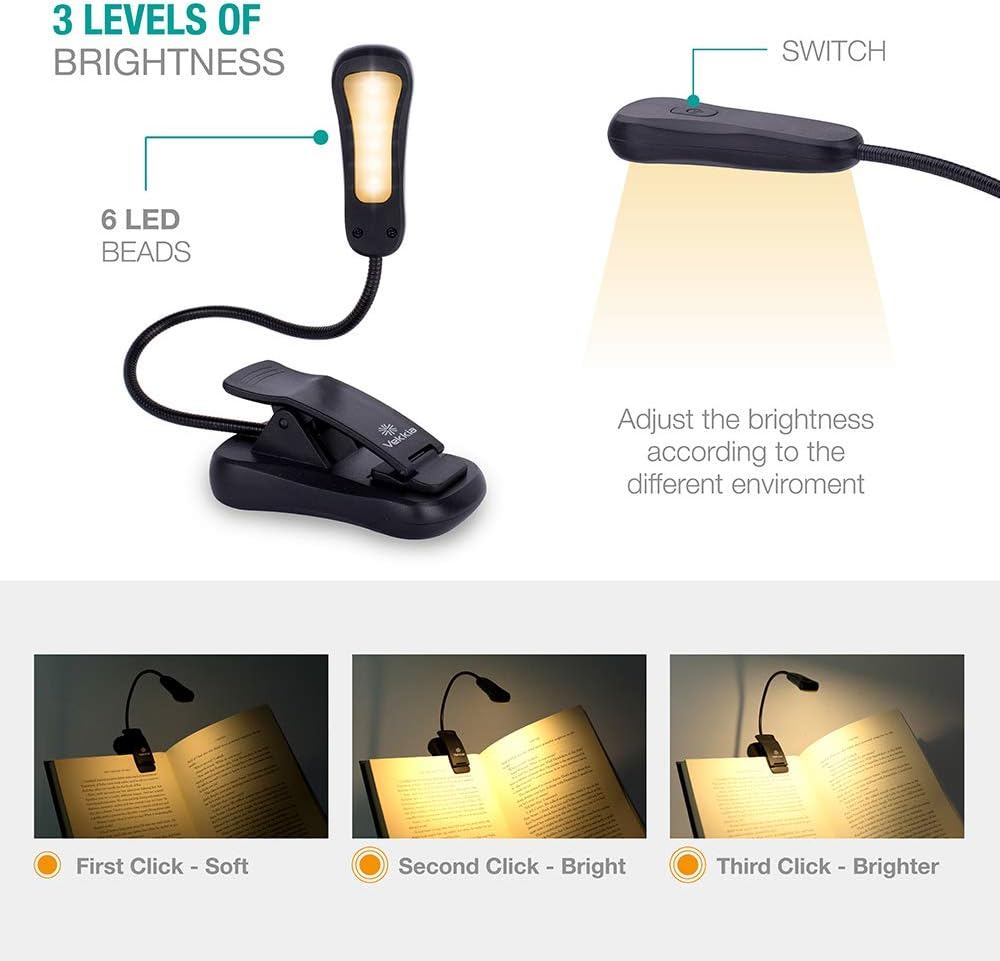 Vekkia Book Light Set with Charger, Clip on Reading Light in Bed with 3 Brightness, Up to 60 Hrs, Rechargeable, Eye-Care Warm LED for Read Before Bed (Incl Travel Case, Cable)