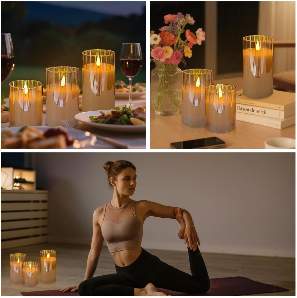Rechargeable Flameless Candle, Flashing LED Pillar Real Wax Candle with Remote Control and Timer, Gold Stripes Glass Electronic Candles for Room Decoration, 1 Set of 3