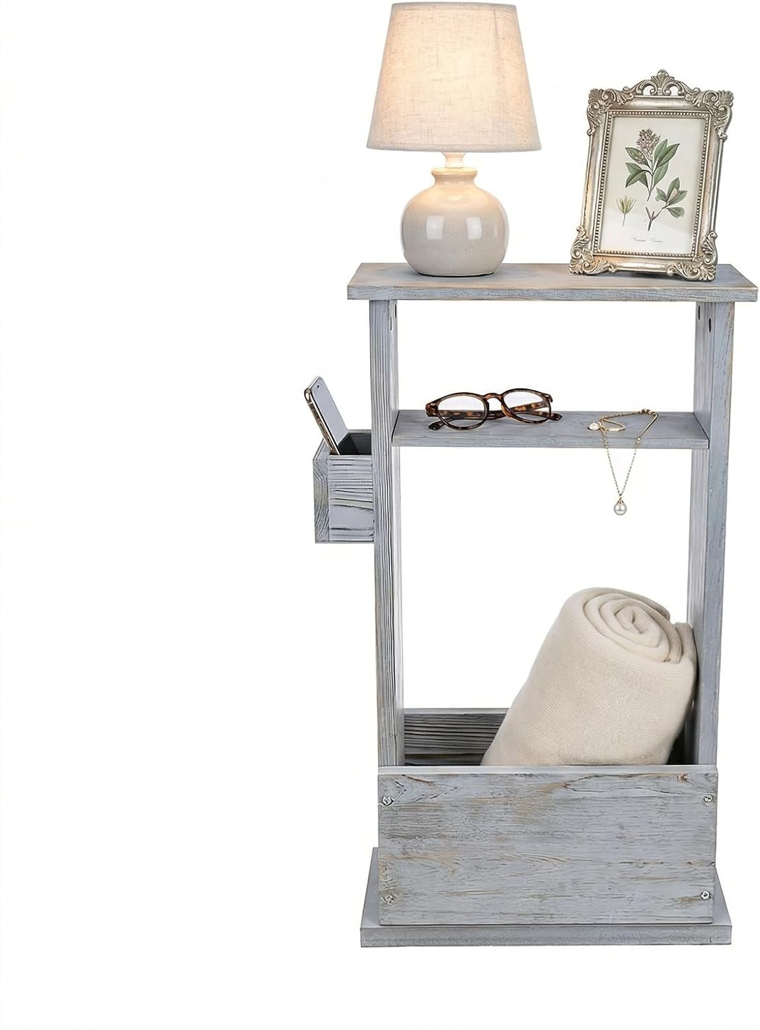 MyGift Narrow Side Table, Slim End Sofa Table in Vintage Gray Wood with Storage Shelf, Magazine and Remote Holder