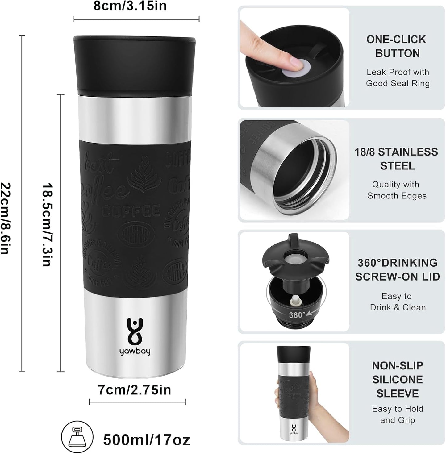 Travel Coffee Mug with 360°Lid, Travel Coffee Tumbler 16 oz Leak Proof, Stainless Steel Insulated Travel Mugs for Hot and Cold Spill Proof Leak Proof(Black)