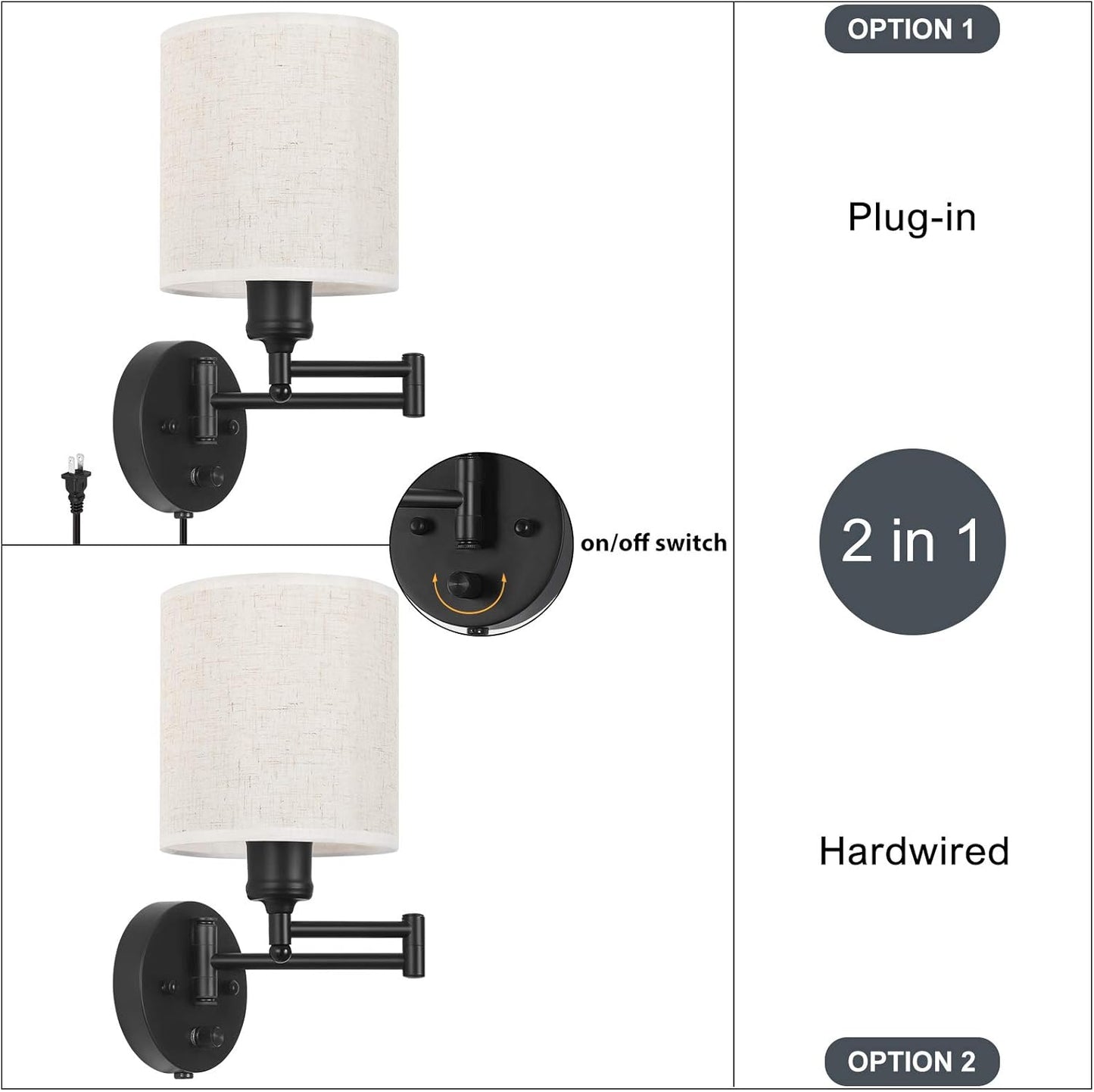 CADUKE Plug in Wall Light Set of 2, Swing Arm Wall Lamps, Modern Bedroom Wall Sconce Fixtures with Linen Lampshade for Reading Hallway Living Room