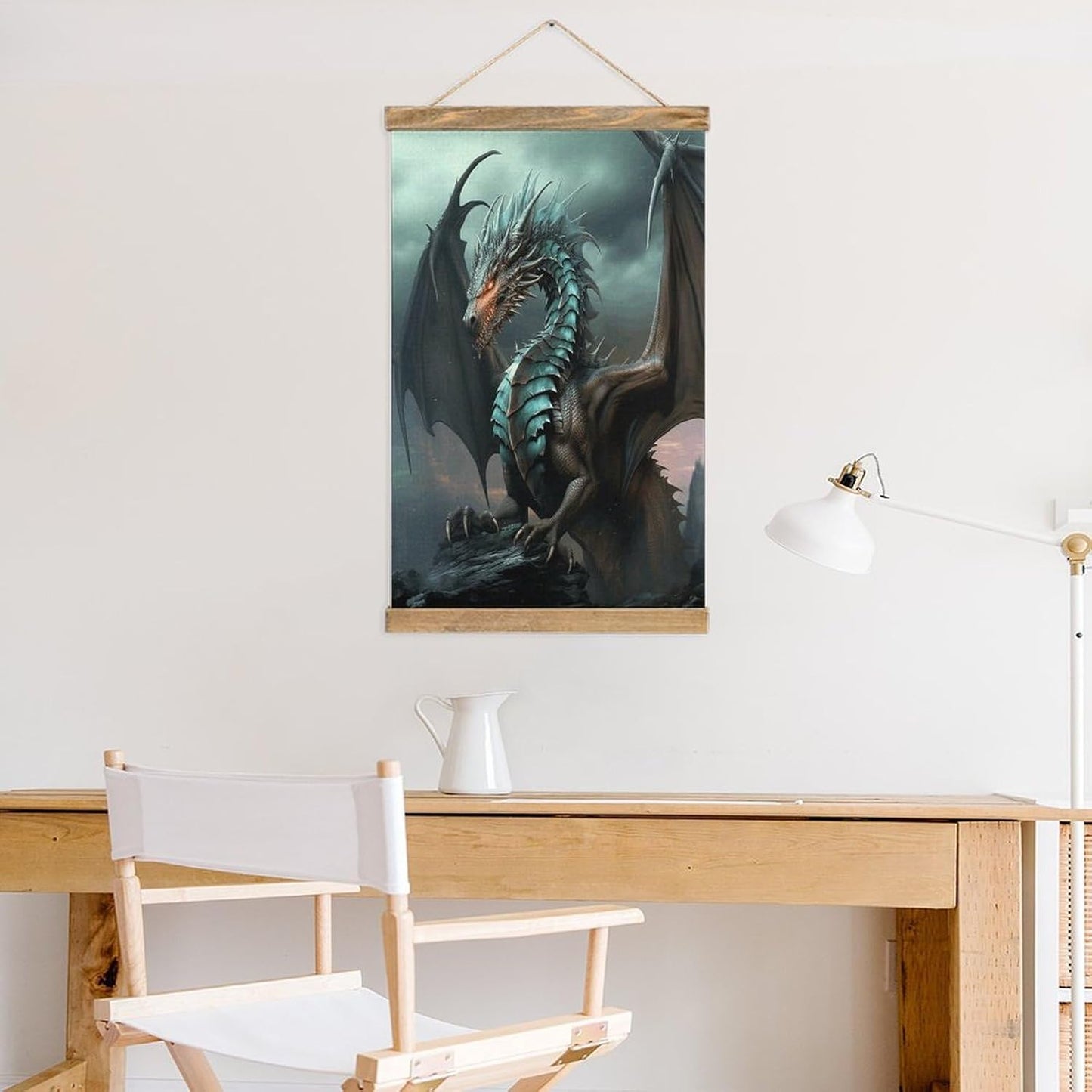 Vintage Cool Dragon Poster with Wooden Frame Personalized Linen Hanging Scroll Painting Rustic Wall Hanging Illustrative Modern Artwork Decor for Home Living Room Bedroom Office
