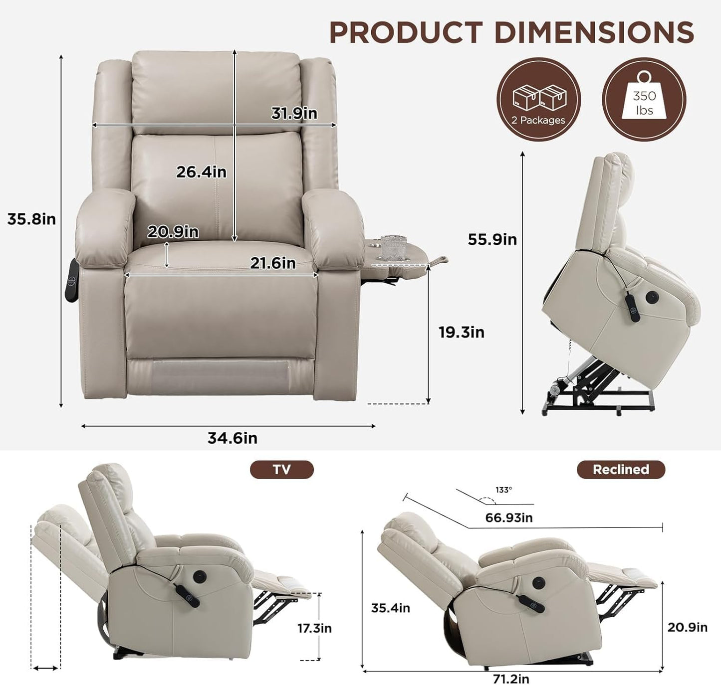 Power Lift Recliner Chair with Two Cup Holders Extended Footrest USB Type-C Charge Ports Electric Lay Flat Reclining Chairs for Living Room Bedroom Meeting