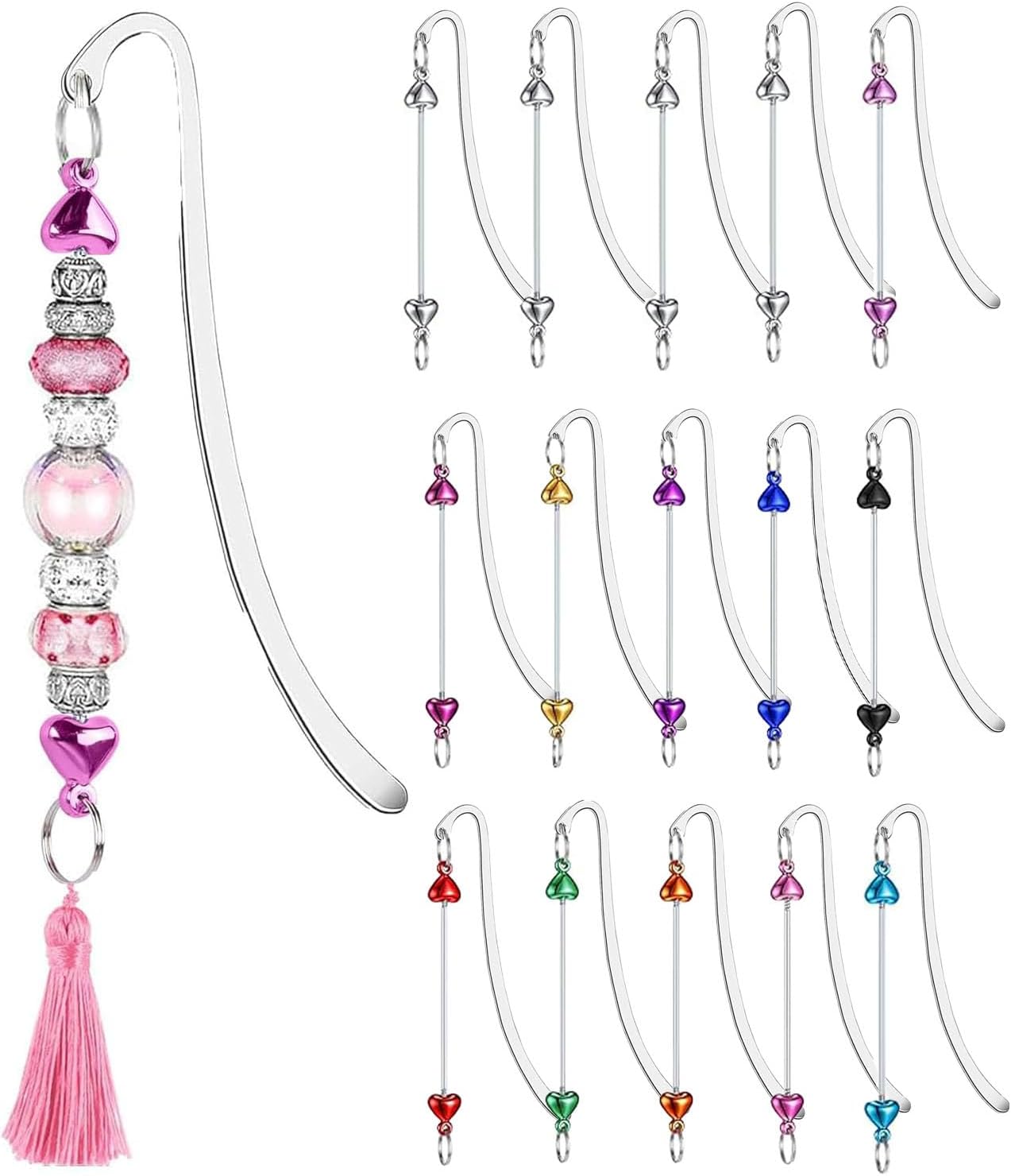 15 Pack Beadable Bookmarks with Blank Bar Bulk Love Heart Metal DIY Bookmark for Beads Jewelry Pendants Charms Beading Book Make Marks Craft Colorful