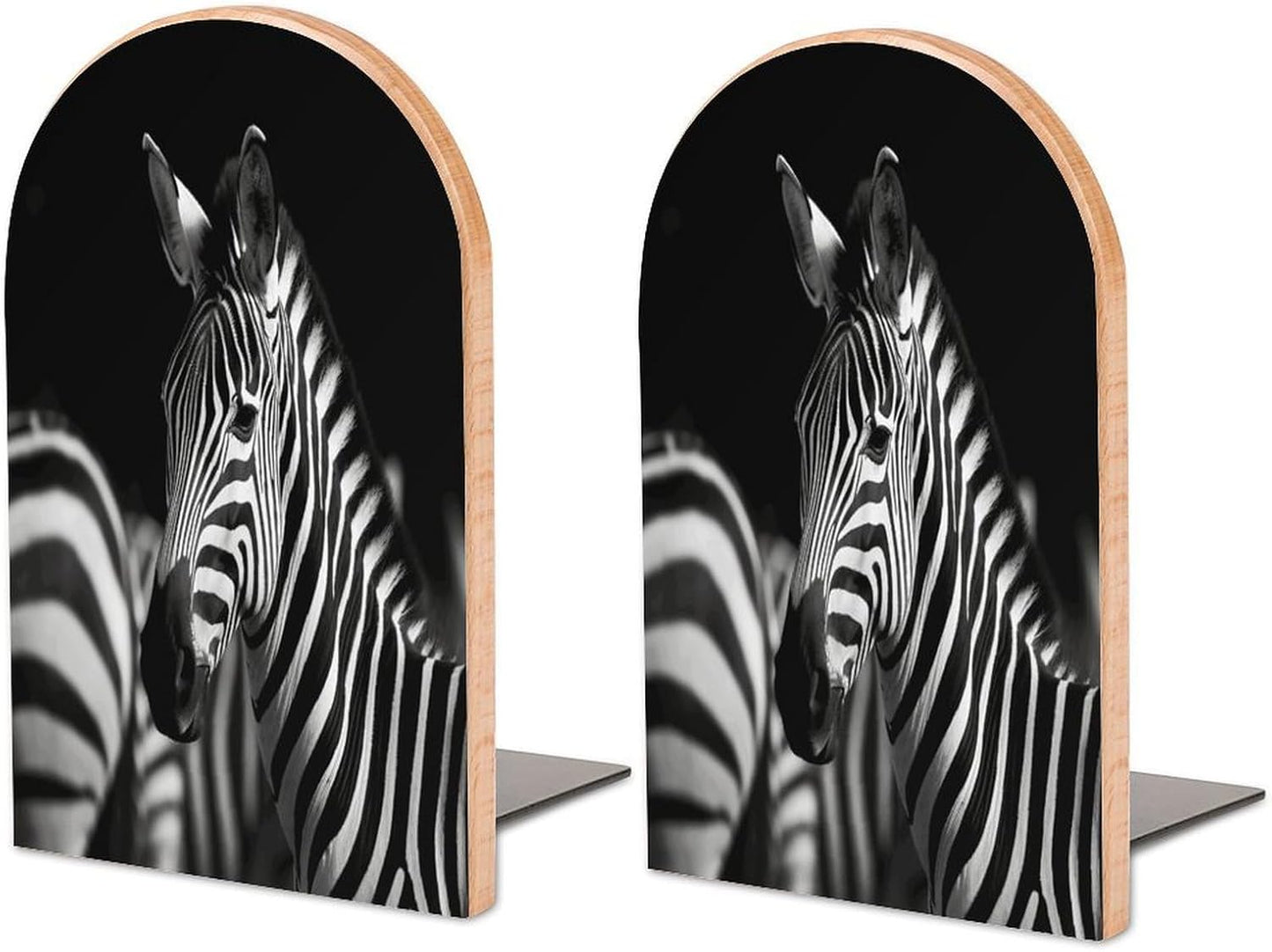 Black & White Zebra Bookend for Shelves Wooden Book End Large Size Sturdy Book Holders Stoppers with Metal Base for Bookshelves Slick Decorative Bookends Stands