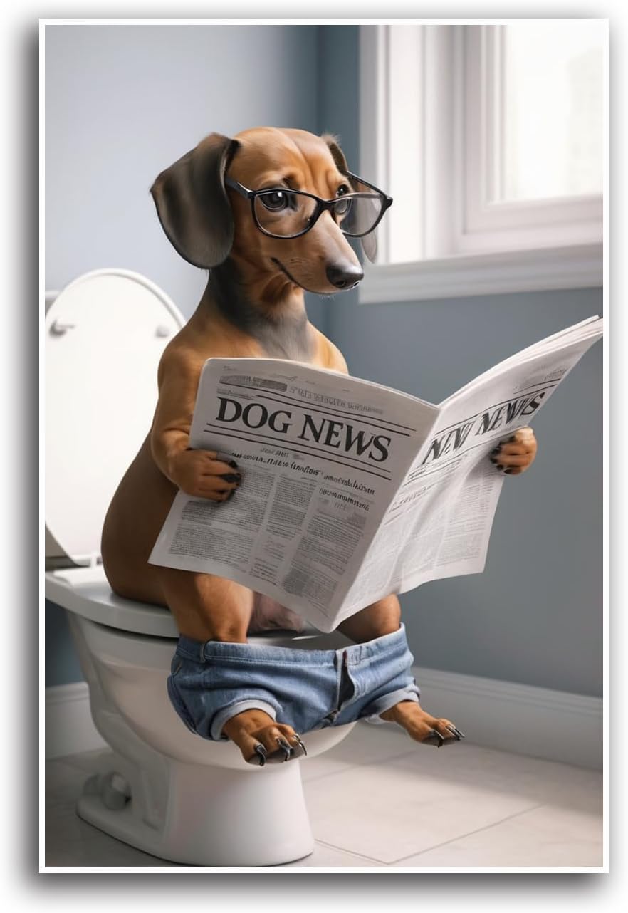 Funny dog in bathroom sitting on toilet reading newspaper funny bathroom wall decor animals in toilet dog gift ideas bathroom decor wall art prints bathroom posters canvas wall art for dog lovers