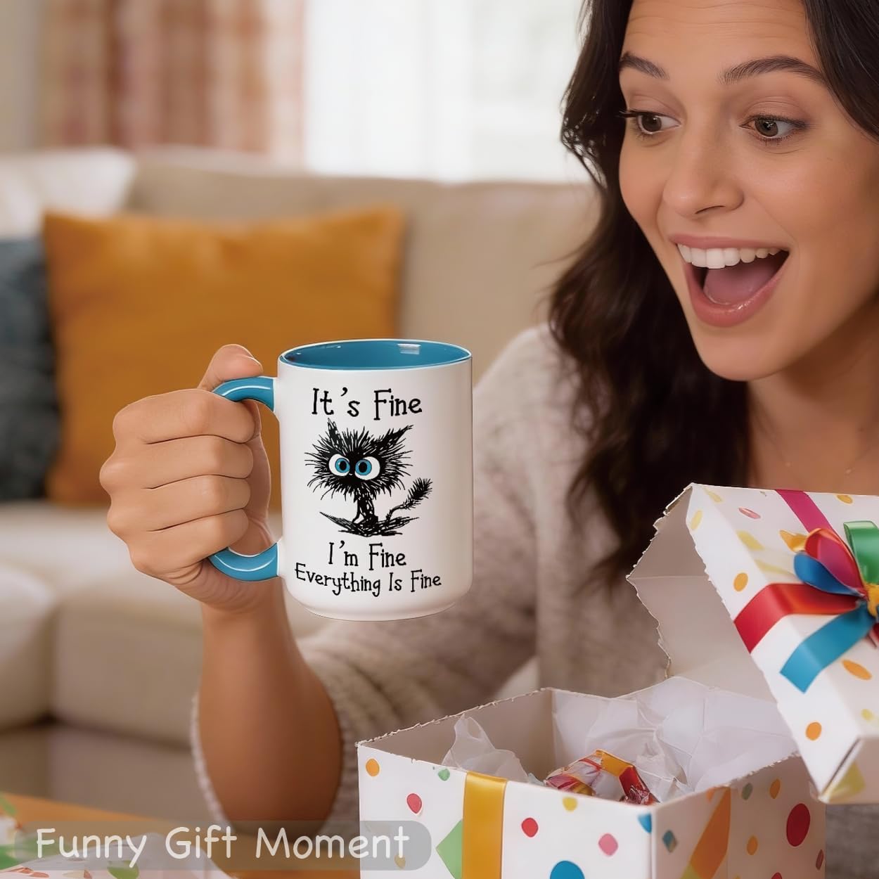 Funny Black Cat Coffee Mug – 15oz Sarcastic I am Fine Everything's Fine Cup – Big Ceramic Mug with Blue Handle – Microwave & Dishwasher Safe – Funny Gag Gift for Cat Lovers, Women, Coworkers