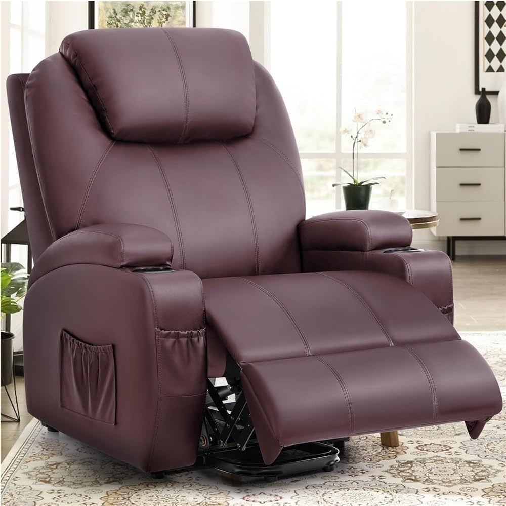 Genuine Leather Electric Lift Chair Recliner Ergonomic Lumbar Support Heat Massage Adjustable Single Theater Sofa Chairs for Elderly Comfort Seating Bedroom