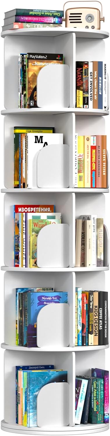 Kryonix Rotating Bookshelf, Spinning Bookshelf Tower 5 Tier, 360° Revolving Bookcase Lazy Susan, Multi-Functiona Corner Round Turning Book Shelf Organizer for Small Spaces(White)