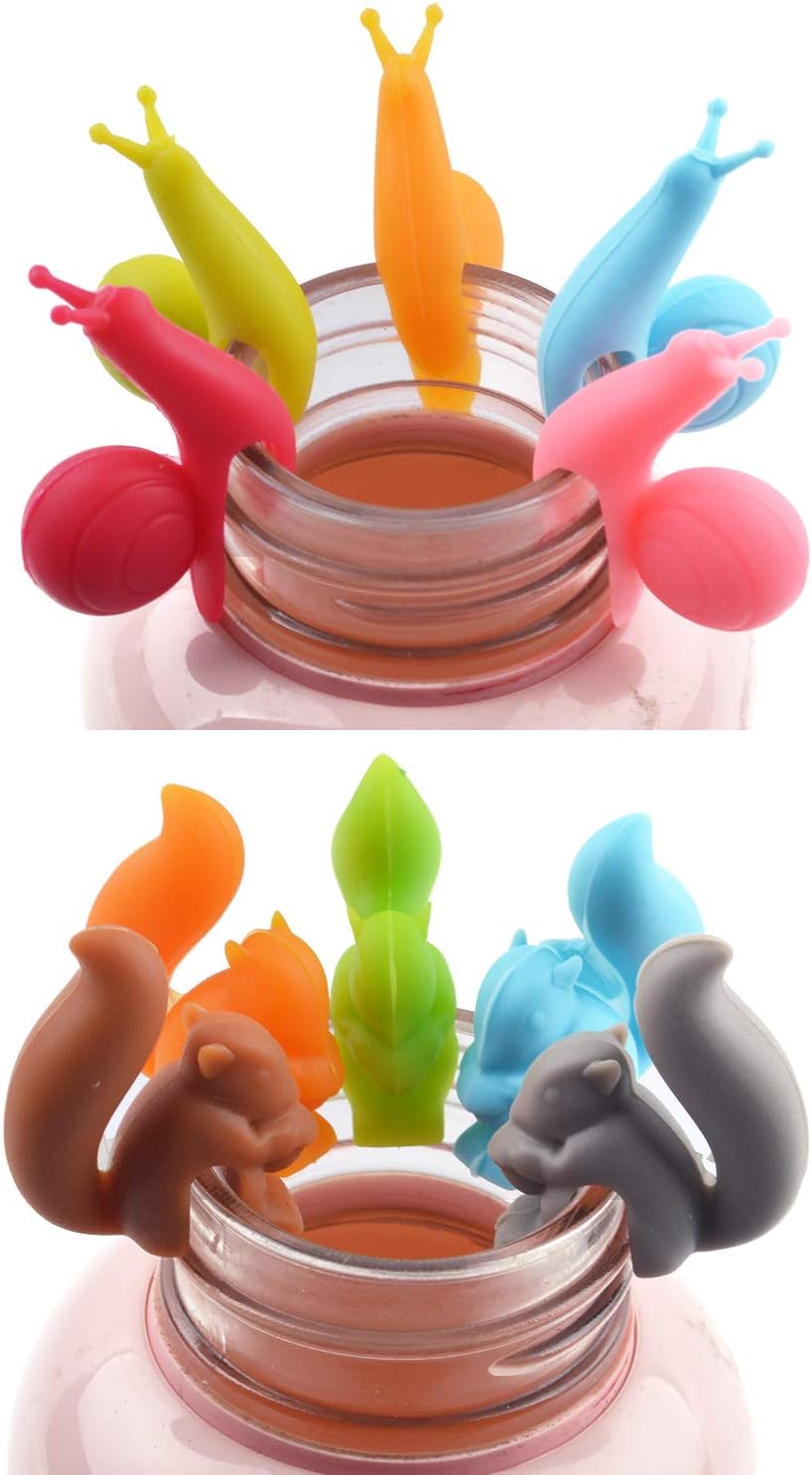 10pcs Silicone Tea Bag Holders Multi-Color Snail and Squirrel Cute Drink Marker Tea Accessories for Party Banquet Gathering