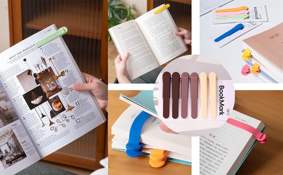 6Pcs Automatic Bookmark, Book Marks for Reading Women Men Kids, Silicone Bookmarks for Women, Unique Book Markers for Reading, Bookmarks Clip Page Holder Accessories for Book Lovers