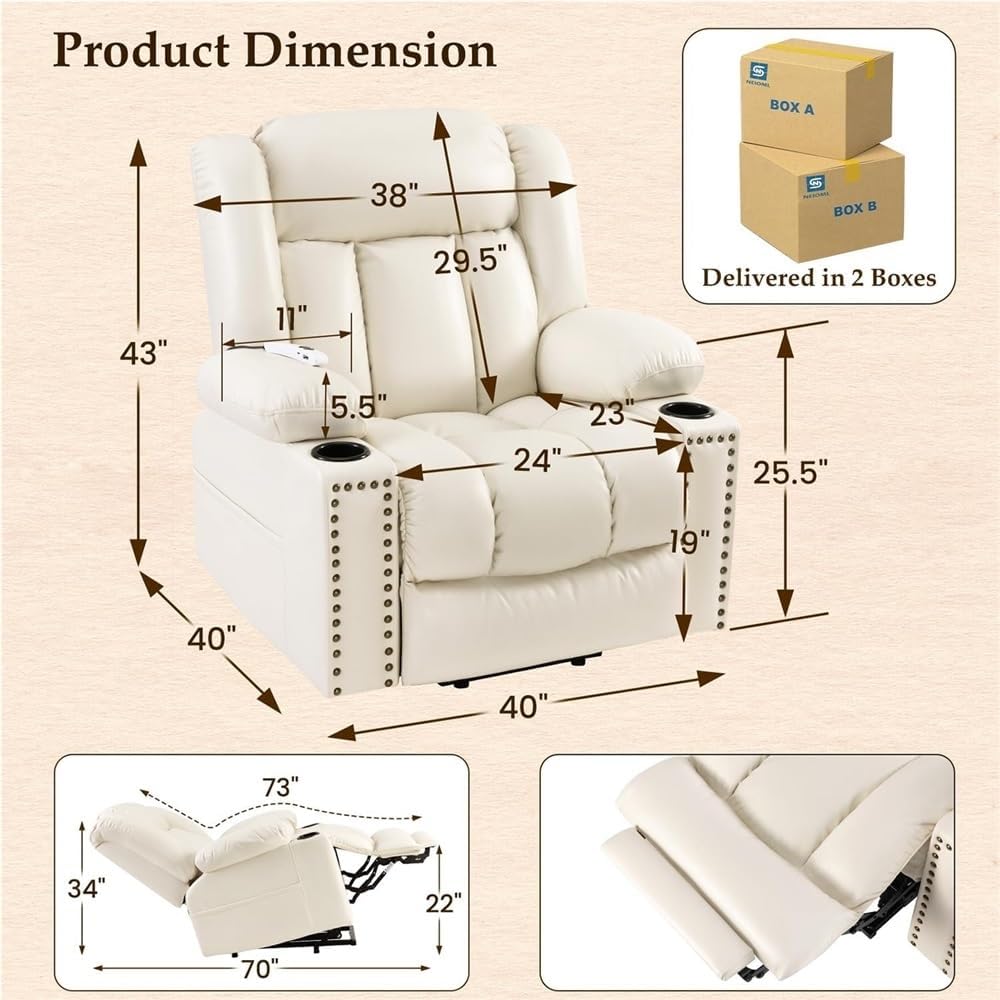 Large Wide Power Lift Recliner Chair for Elderly, Comfortable Leather Electric Reclining Sofa with Heat & Massage, Extended Footrest, Cup Holders, Side Pockets