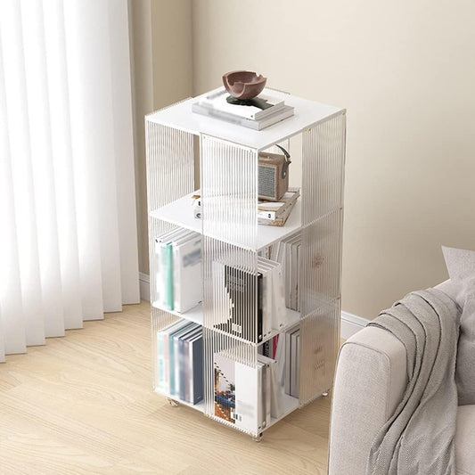 360° Rotating Bookshelf W/Wheels Clear Acrylic Narrow Bookcase Movable Modern Book Storage Organizer for Living Room Bedroom Display Shelf ()