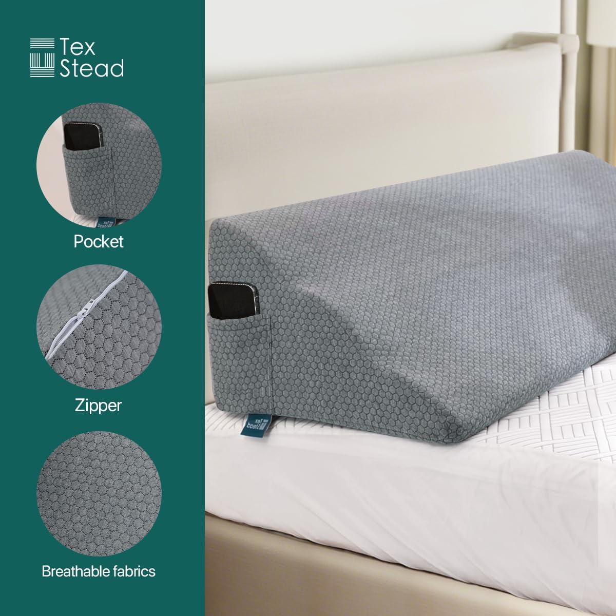 Twin Size Headboard Wedge Pillow with Washable Cover, Ergonomic Incline Memory Foam Cushion Reading Daybed Pillow for Back, Neck, Shoulder Support, Gray(39"x11.8"x19.68")