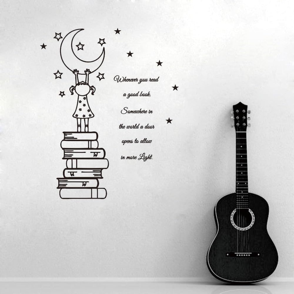 Reading Nook Vinyl Wall Art – Uplifting Book Quote for Kids’ Room, Library, or Study (Black-JZY008-Girl Book)