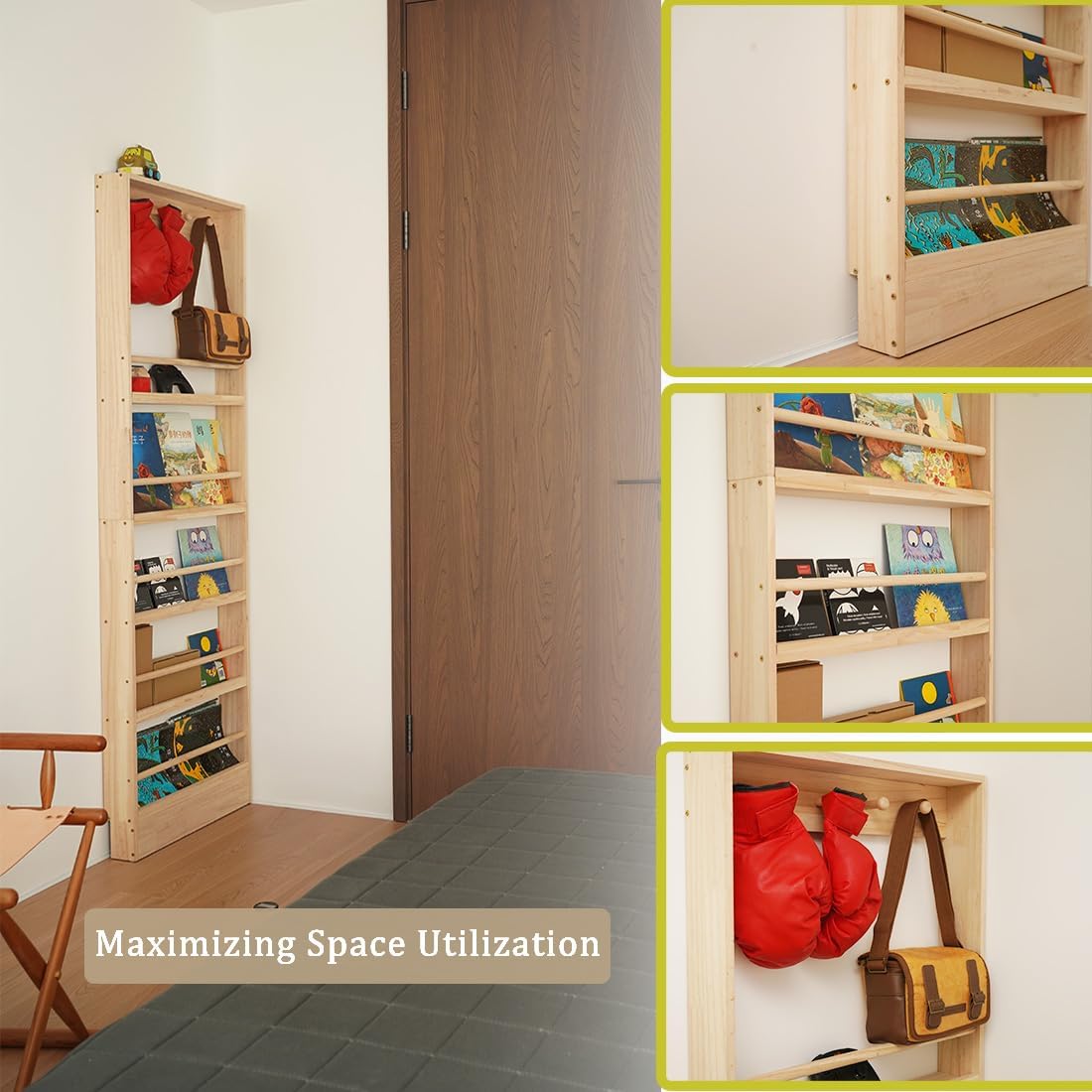 Wooden Kids Bookshelf, Wall Mount Shelf with Hooks, Organizer for Toys and Books, Space-Saving | with Hooks, Space-Saving
