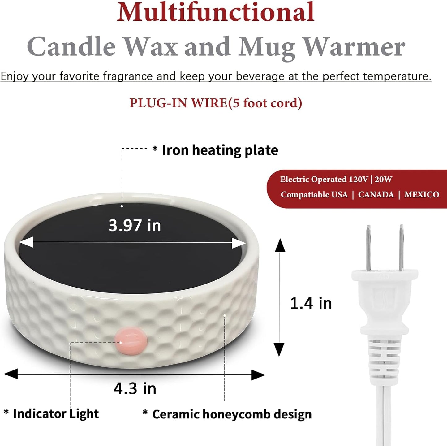 Electric Large Candle Warmer Plate - Ceramic Candle Wax Warmers for Jar Candles, Coffee Mug Warmer, Cup Warmers for Home Office, Aromatherapy Fragrance and Heating Beverage, Milk, Tea, Hot Chocolate