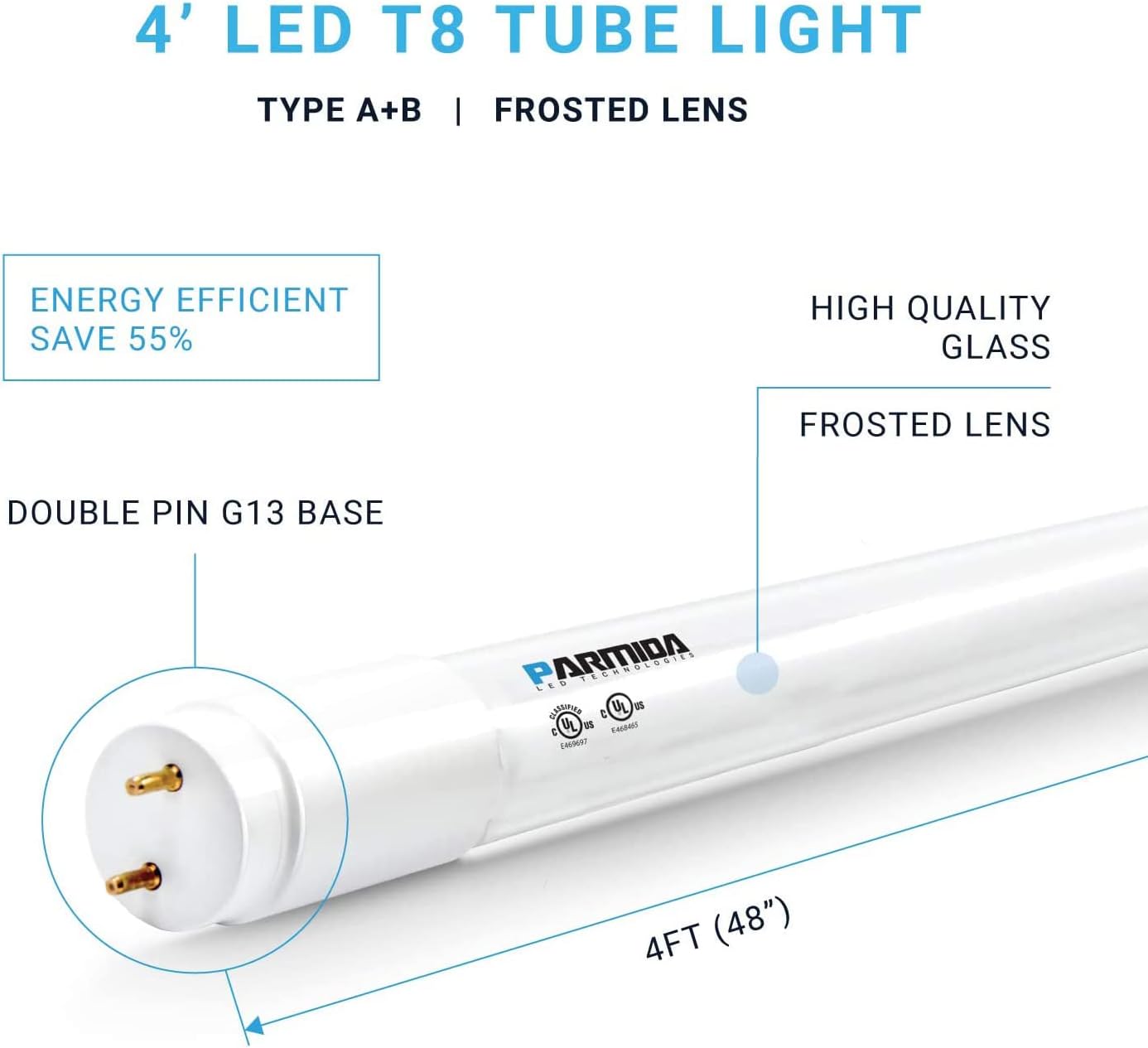 PARMIDA 20-Pack 4FT LED T8 Hybrid Type A+B Light Tube, 18W, Plug & Play or Ballast Bypass, Single-Ended OR Double-Ended Connection, 2200lm, Frosted Cover, T8 T10 T12, UL - 5000K