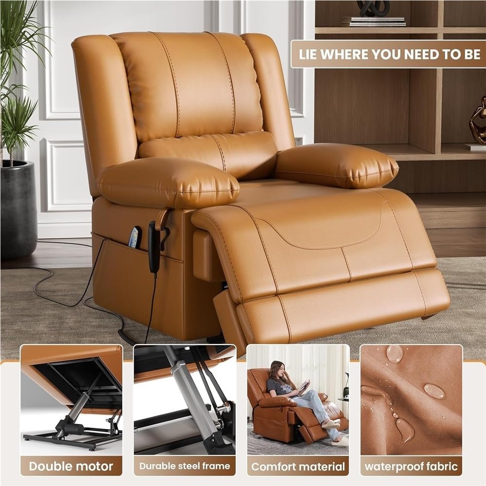 Power Lift Recliner Chair for Elderly Brown Breathable Leather Lay Flat Sleeper with Heat and Massage Infinite Position Lounge Sofa USB Ports for Living Room & Home Theater
