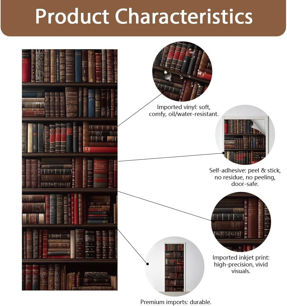2Pcs Vintage Bookshelf Door Sticker Decals Books Removable PVC Door Decals Brown Wood Self-Adhesive Doors Wallpaper for Bedroom Library Cafes Doors 79 * 31in/200 * 80cm