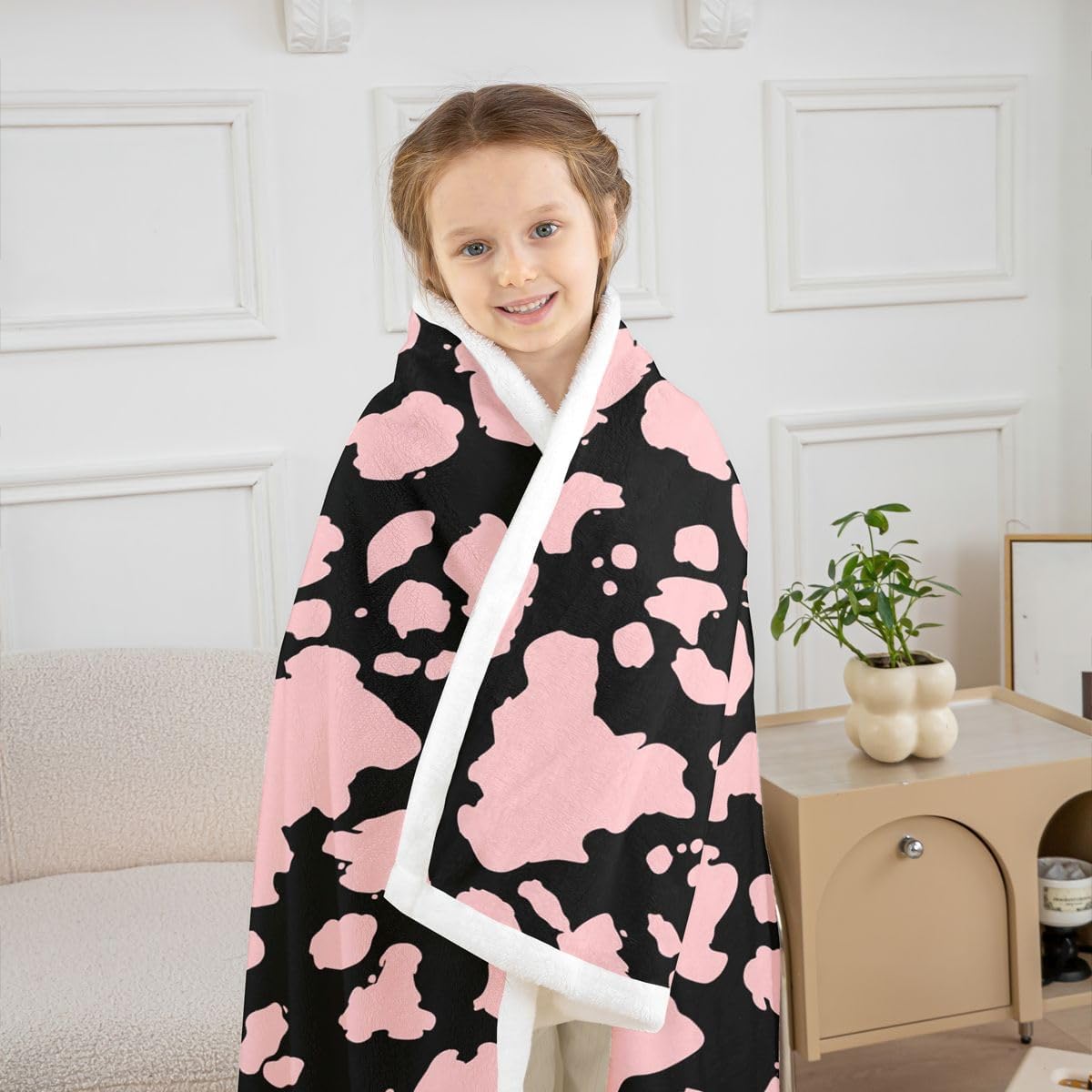 Feelyou Cow Print Sherpa Throw Blanket for Couch Black Pink Super Soft Cozy Fleece Cartoon Milk Cow Blanket for Winter, Plush Throw Animal Twin 60"x80" Farmhouse All Season