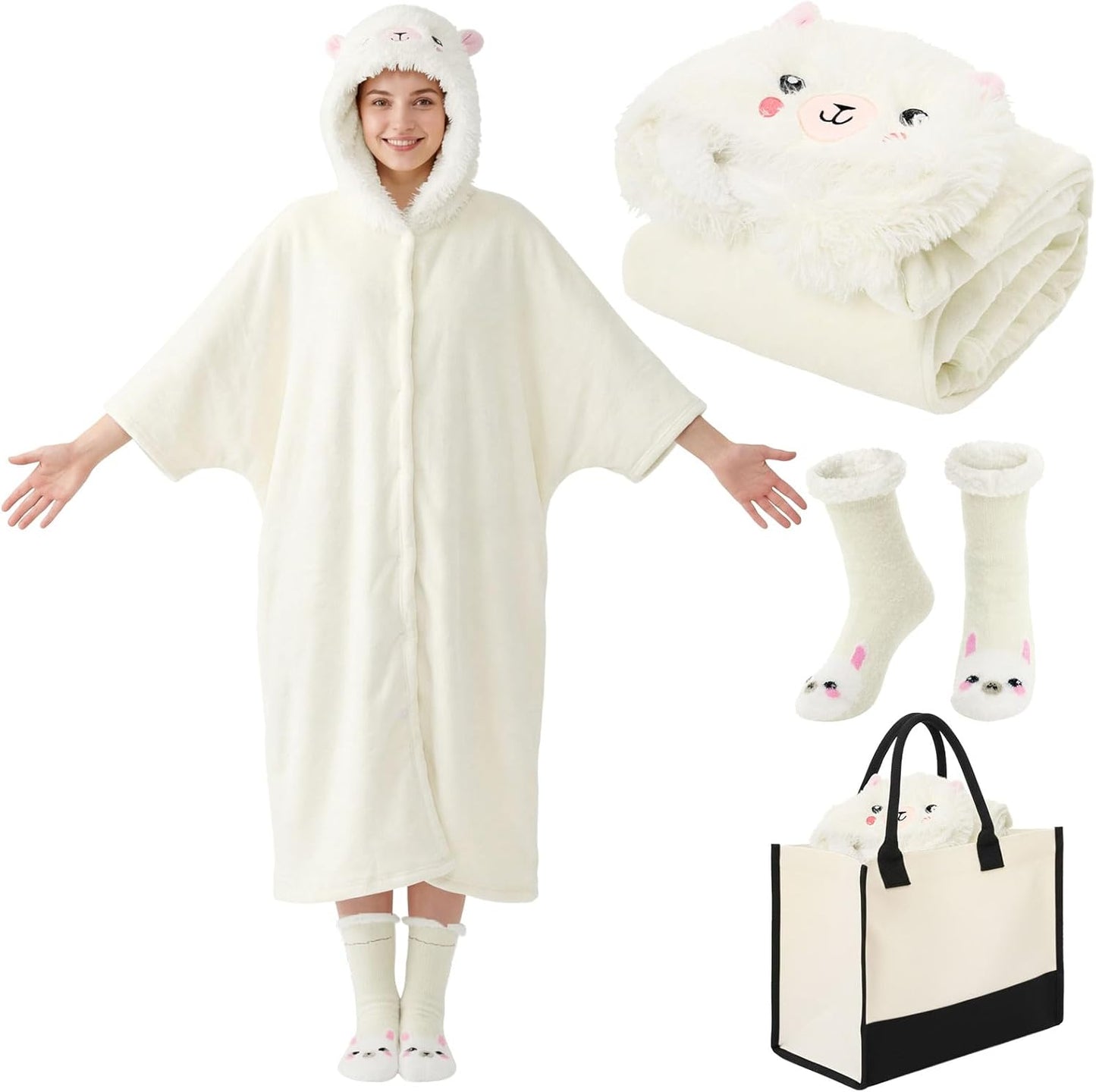 Jecery Llama Alpaca Hooded Blanket Wearable for Adults, Llama Blanket Hoodie with Non Slip Fuzzy Slipper Socks Gift Bag Set, Flannel Hoodie Throw Cloak Wrap Alpaca Christmas Party Gifts for Women