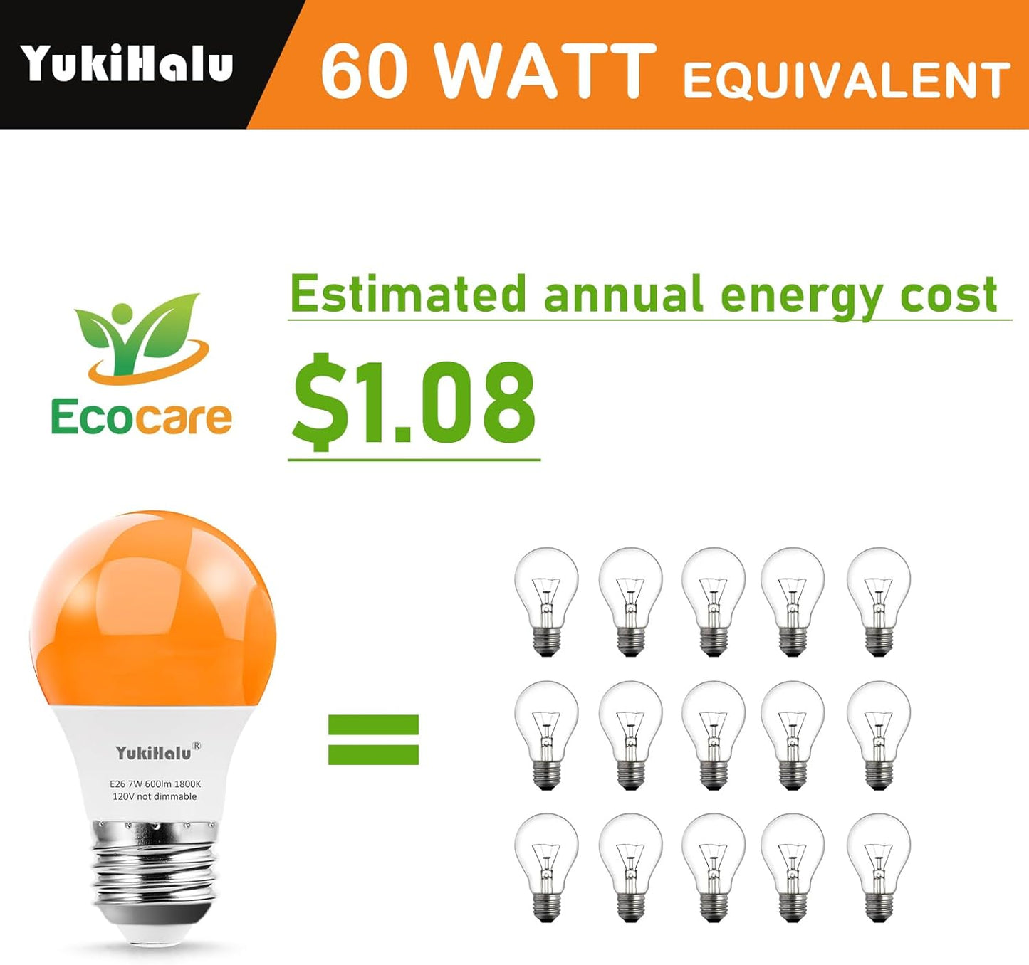 YukiHalu LED Amber Orange Light Bulbs, A15 1800K E26 600Lm, 60W Equivalent Soft Warm Sleep Light Bulbs for Healthy Sleep, Baby Nursery Light, Bedroom Night Light, Not-Dim, 4-Pack