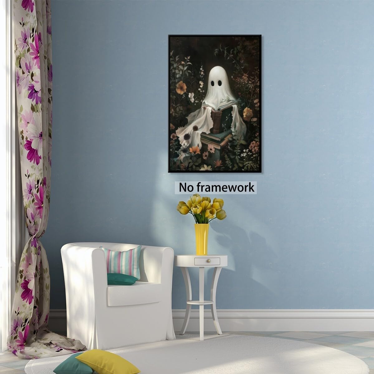 Medpol Vintage ghost wall art horror halloween canvas printed matter cute ghost reading books wall decor dark academia goth cottagecore posters for living room Unframed12x16inch