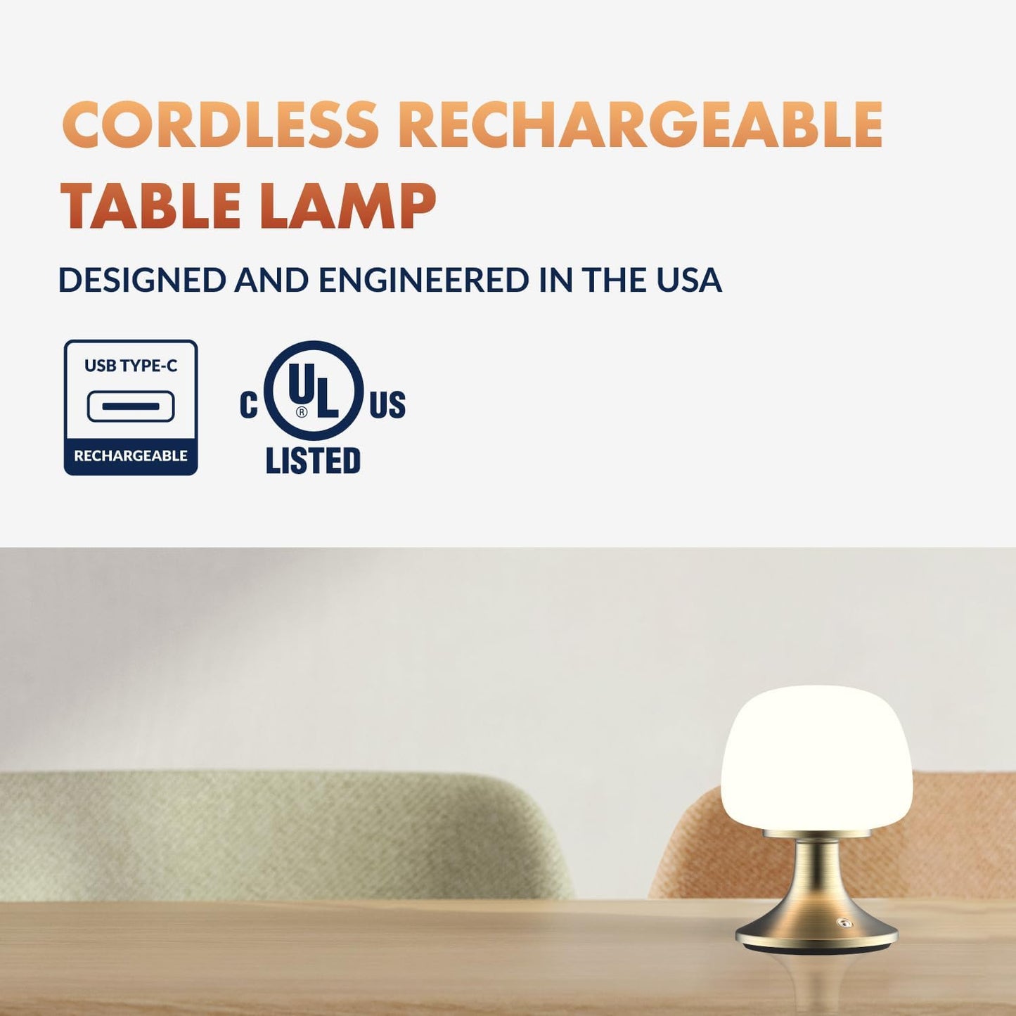 ‎Newhouse Lighting Verona, Brass 2700K Dimmable Cordless USB-C Rechargeable Glass Table Lamp NHTL-VE-BRS, Cordless Desk Lamp for Living Room, Bedroom, Coffee Table, and Other Cozy Home Decor
