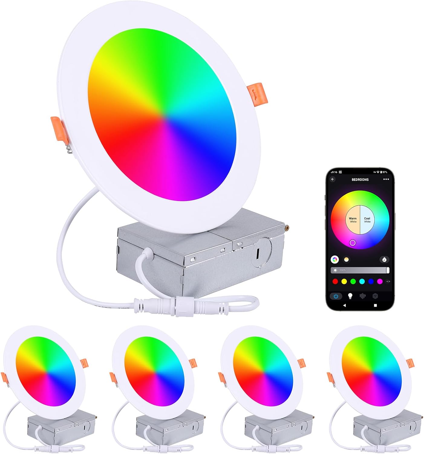4 Pack Smart LED Recessed Lighting 6 Inch Ultra-Thin WiFi Canless Downlight 12W 1200LM Downlight w/Junction Box, Alexa Google Assistant Compatible, ETL FCC, Color Changing LED Recessed Lighting