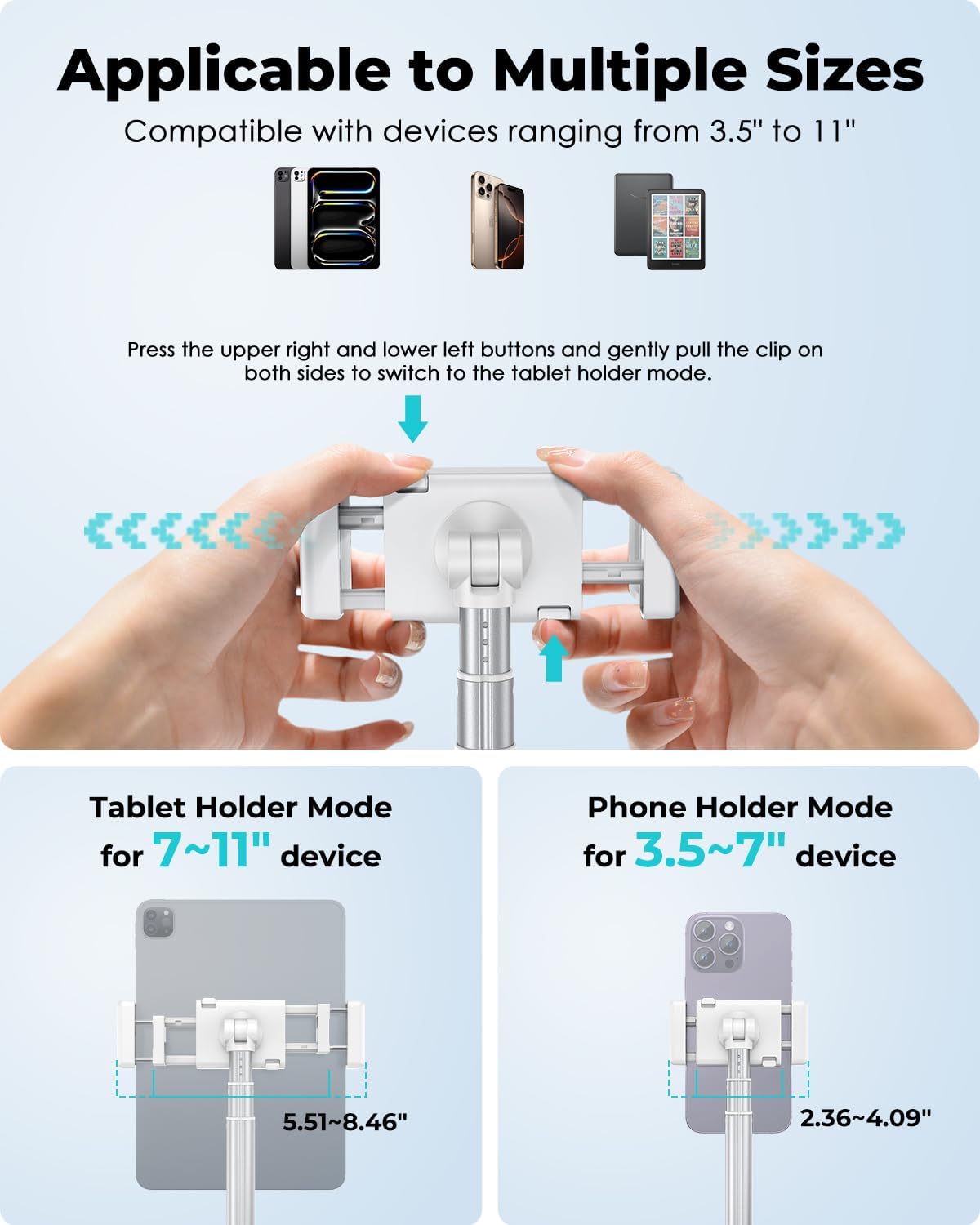 Viozon Tablet Floor Stand, Height & Angle Adjustable Tablet Holder with Aluminum Alloy Arm Tube, 360° Rotation for Bed, Sofa, Desk, Compatible with 3.5-11'' iPad Pro/Air/Mini, iPhone 15/14, Kindle.