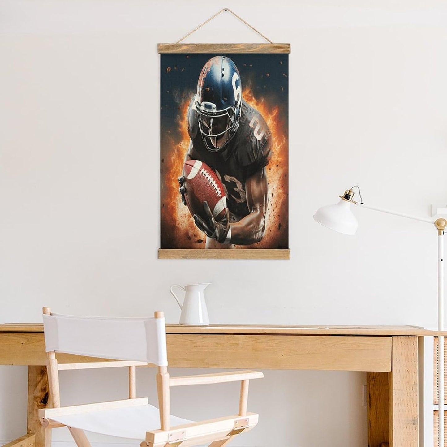Vintage Cool American Football Poster with Wooden Frame Personalized Linen Hanging Scroll Painting Rustic Wall Hanging Illustrative Modern Artwork Decor for Home Living Room Bedroom Office