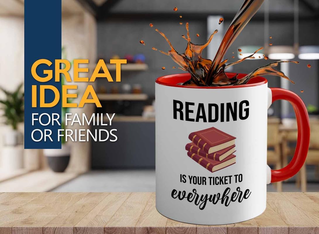 Bookish 2Tone Mug 11oz Red -Reading ticket to everywhere - Novel enthusiast Book Club Librarian Book Lover Writer Reader Bibliophile