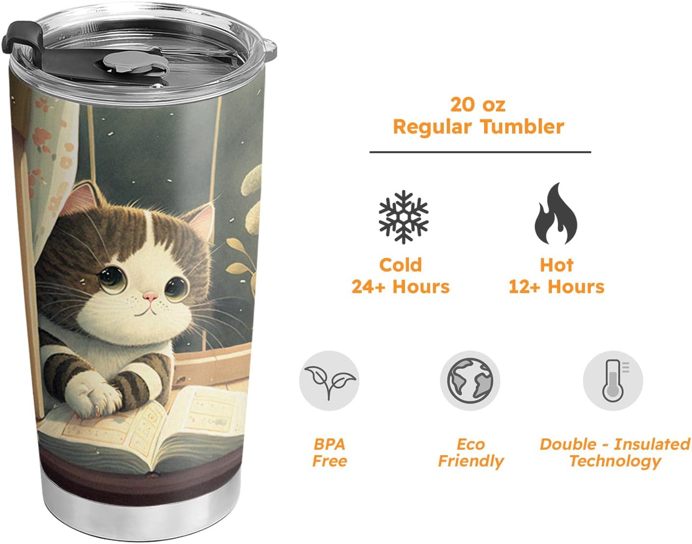 20oz Cute Kitten Books Cat Tumbler, Gifts for Cat Lovers, Librarian, Reading Gifts, Café Tumbler for Women, Stainless Steel Double Wall Vacuum Insulated Coffee Mug, Travel Cup with Lid
