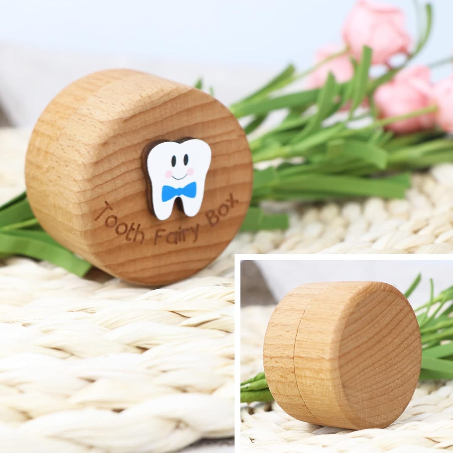 Tooth Fairy Box for Girls and Boys Wooden Cute Tooth Box with 3D Tooth, Lost Teeth Storage for Kids, Dropped Tooth Keepsake Box Gift (Pink and Blue)