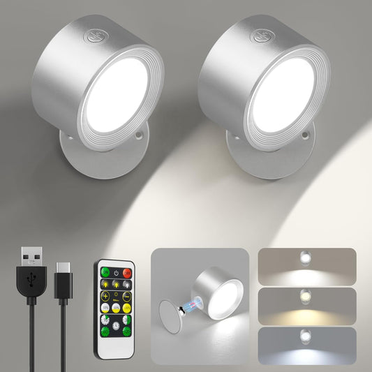 Lightbiz LED Reading Lights, Wall Lights Sconces 2 Pcs with Remote Rechargeable Battery Operated, 3 Color Temperatures & Dimmable Light Magnetic Ball 360°Rotation, Lamps for Study Bedside Closet