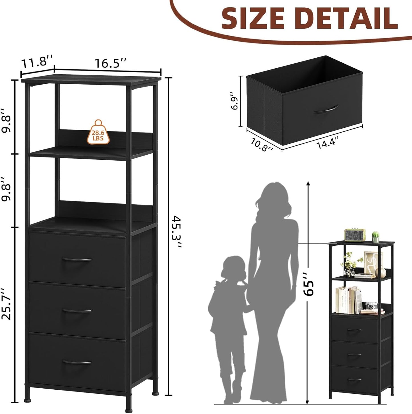 Somdot 5 Tier Bookshelf with Drawer, Tall Bookcase with Shelves, Bookshelf Desktop Organizer, Display Standing Shelf Units for Living Room, Bedroom, Study Room,Black