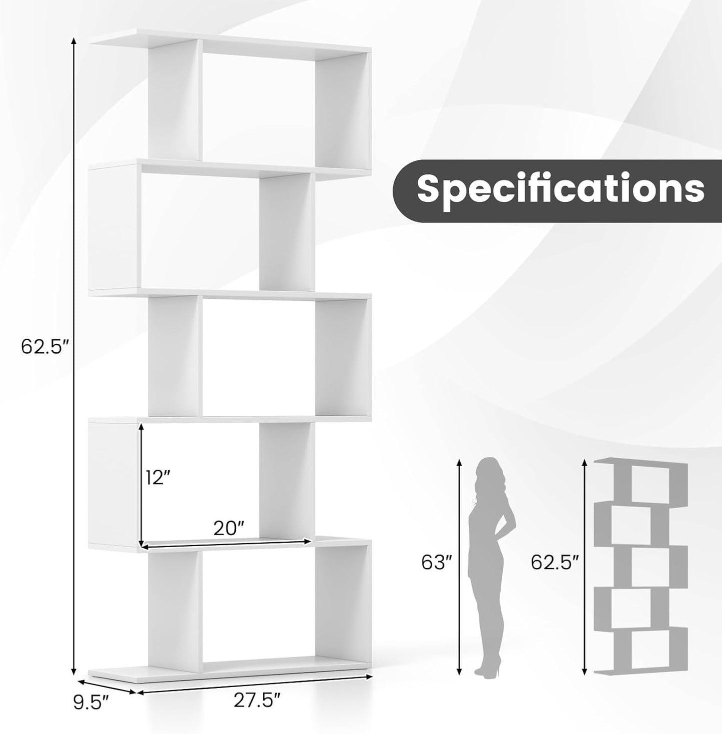 LOKO 5-Tier Bookshelf, S-Shaped Book Case with Anti-Toppling Device, Freestanding Home Organizer Room Divider Display Shelf, Open Storage Rack for Bedroom, Study (1, White)