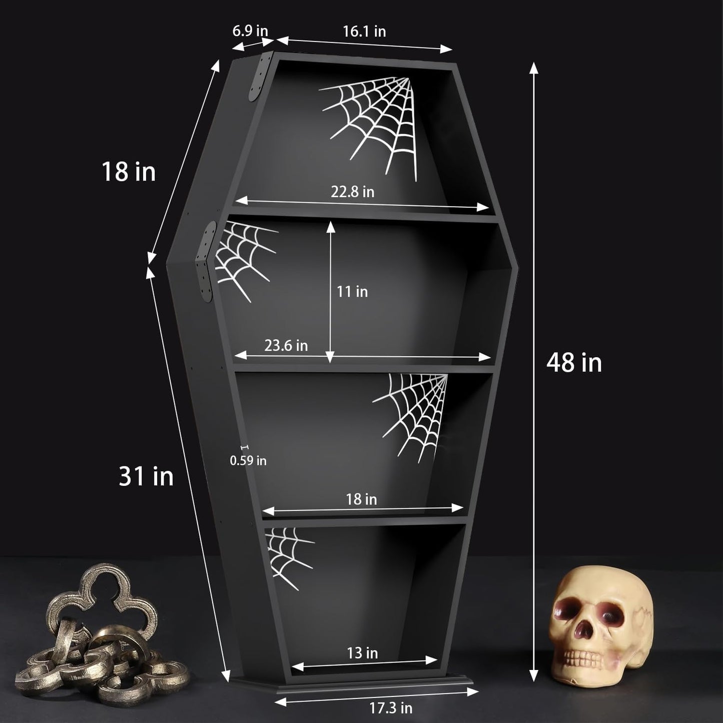 Halloween Goth Coffin Bookshelf 48''H - Wood Tall Coffin Shelf with Spider Web Gothic Decor, Black Spooky Curio Shelf for Home Decor