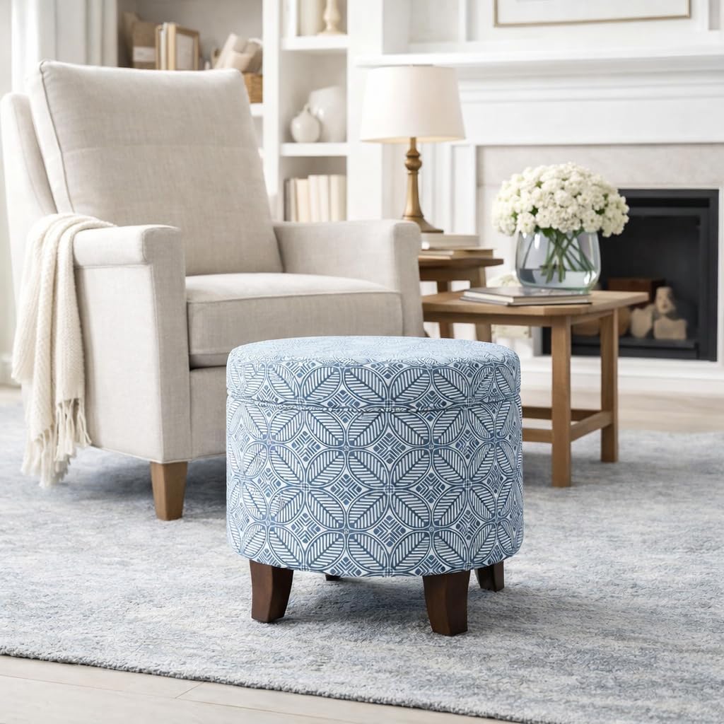 HomePop Upholstered Round Storage Ottoman|Homepop Home Décor|Upholstered Round Foot Rest Ottoman -Blue Indigo Print